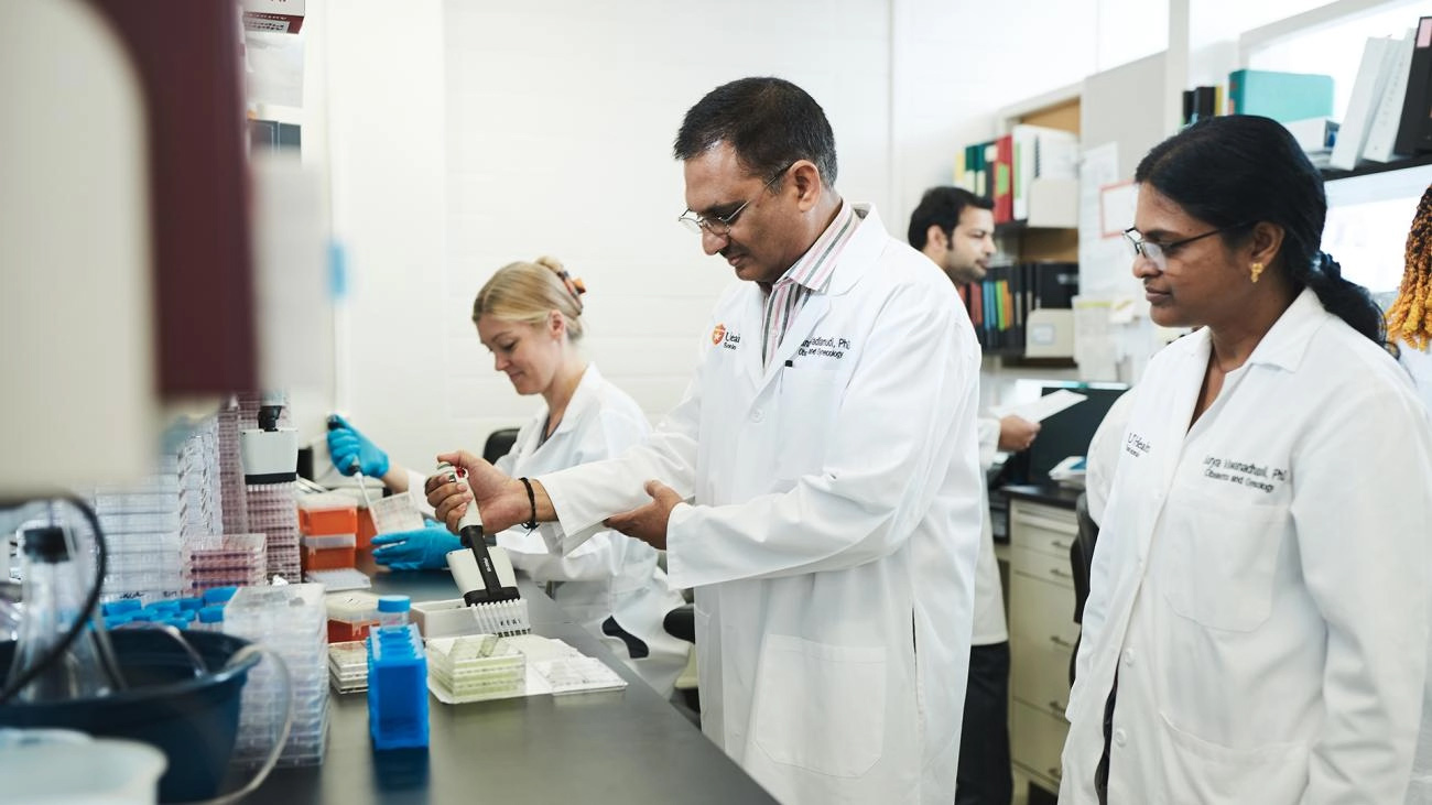 Group of researchers performing work in a lab. 